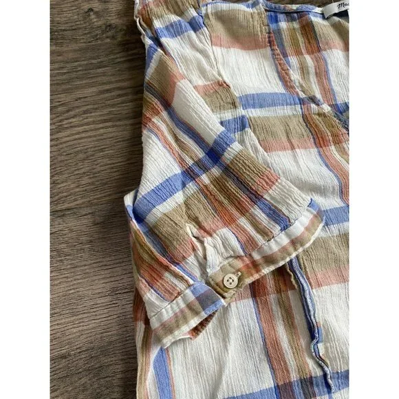 EUC Womens Madewell V Neck Shoulder Ruffle Top‎ In Plaid Short Sleeve Size L - Picture 7 of 10